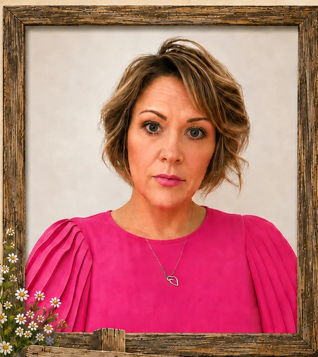 Portrait of author Ty Hedrick-Stamper in a rustic wooden frame with wildflowers.
