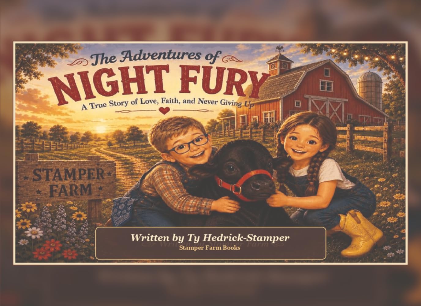 Cover of The Adventures of Night Fury, showing two children with a black calf at Stamper Farm.
