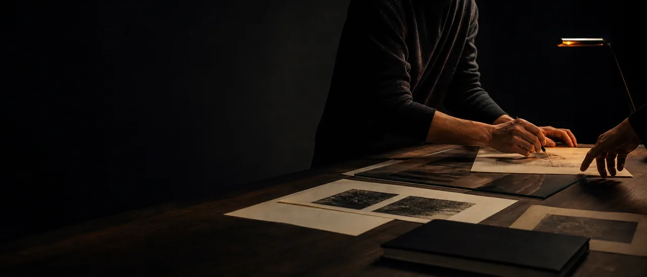 Two collaborators shape a visual idea across paper and glass under a restrained studio light.