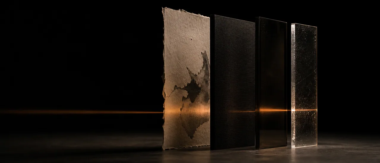 Paper, black book cloth, and smoked glass aligned across a restrained line of ember-colored light.